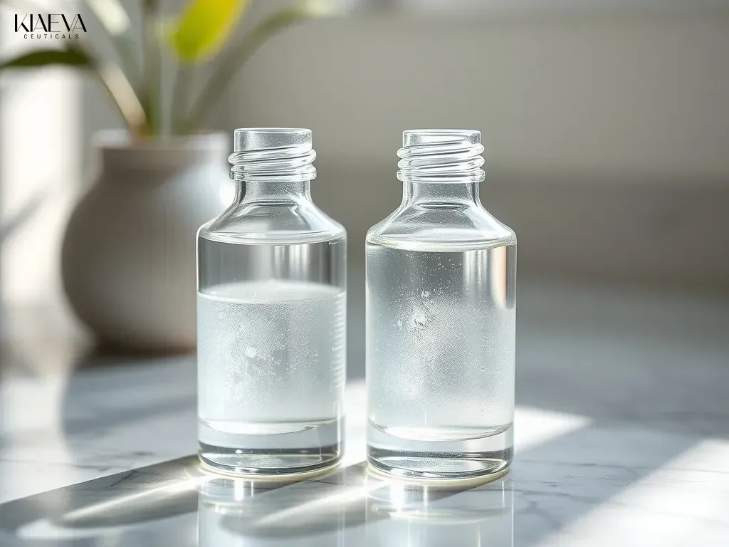 Two glass cosmetic vials containing chemical peel solutions on a marble surface, representing a comparison between TCA and glycolic acid treatments.